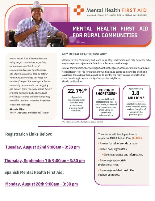 Details on mental health first aid programs.