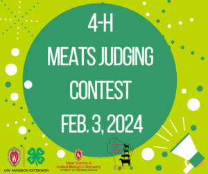 Graphic with title "4-H Meats Judging Contest Feb. 3, 2024"